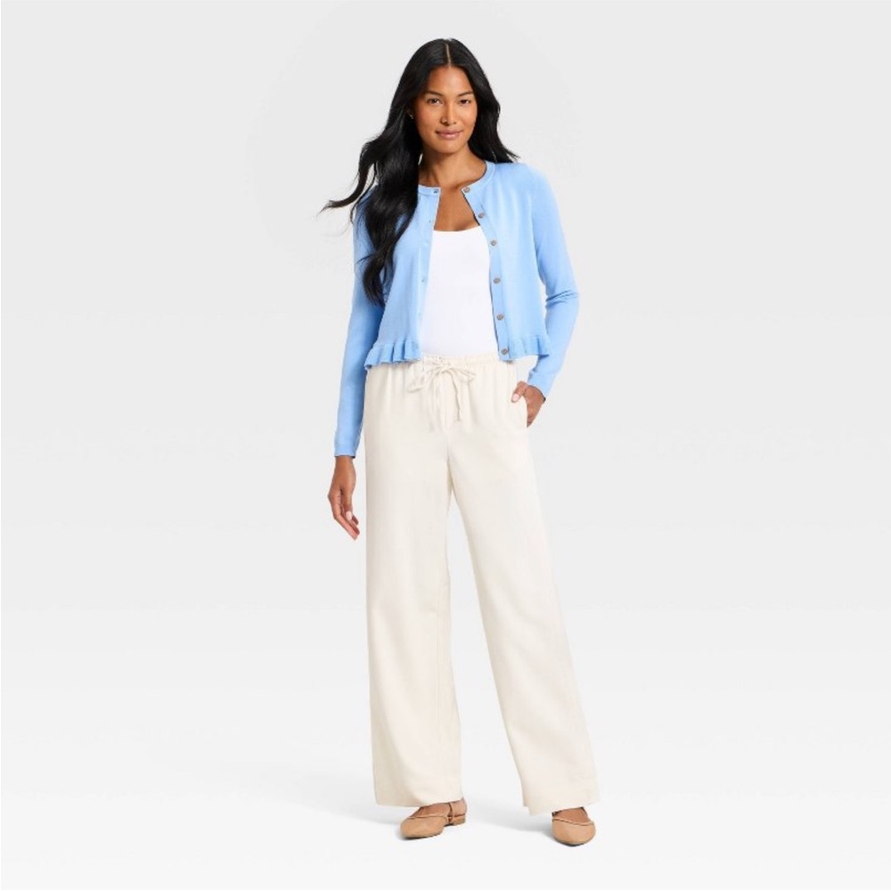 A New Day Women's Effortless Pull-On Pants Cream Wide-Leg Pants SMALL SHORT